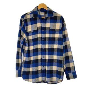 JACHS Flannel Shirt Men's size Large Button Front Long Sleeve Plaid Blue Beige